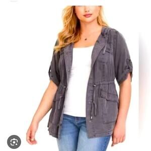 Torrid Anorak Utility Jacket Plus Size 3X Gray Hooded Drawstring Short Sleeve